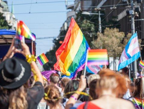 Marching crowd with pride flags